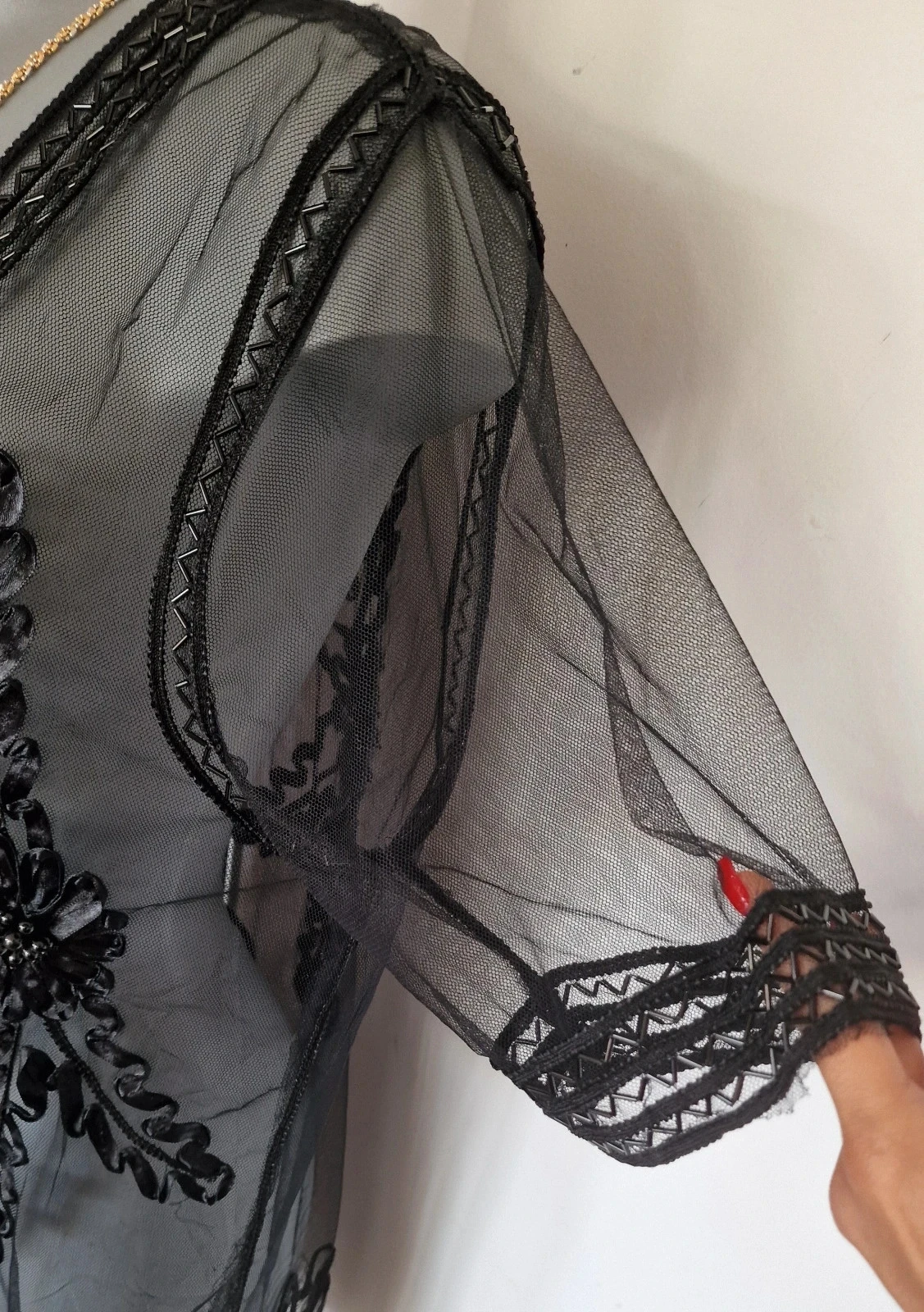 Quimono oriental preto transparente bordado com miçangas estilo boêmio chique – photo 6